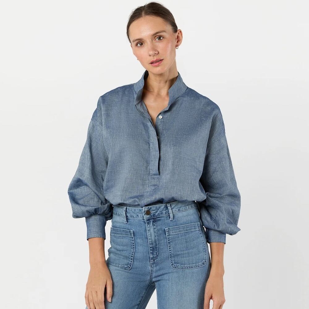 ANN MASHBURN Anaya Popover Shirt Indigo Cotolino Chambray Medium M